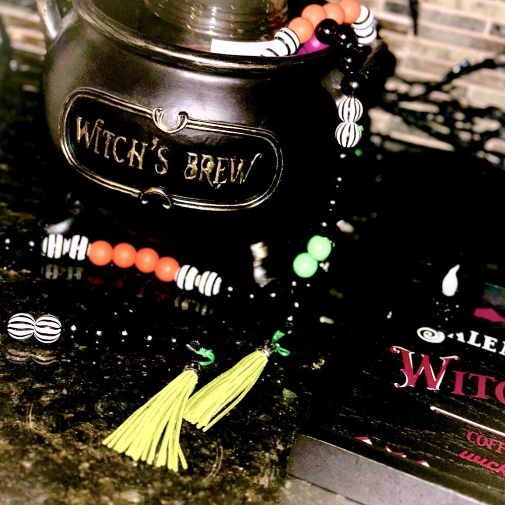 Halloween Garland 8ft long colorful wood beads, skulls and pumpkins, tassels
